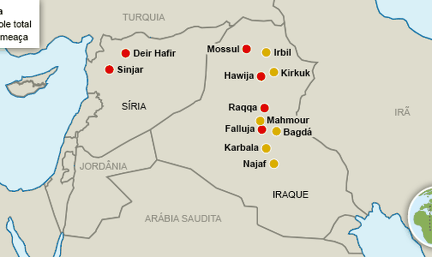 Cidades sob controle do Estado Islâmico ou sob ameaça de ataques na Síria e Iraque
