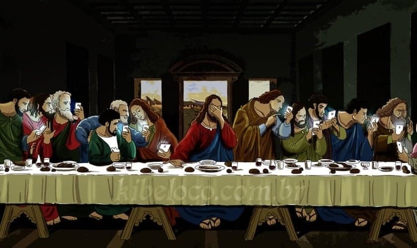 Na nova versão da pintura, os 12 discípulos parecem estar dispersos, apenas e olhando para seus smartphones e Jesus Cristo estaria decepcionado com a situação.