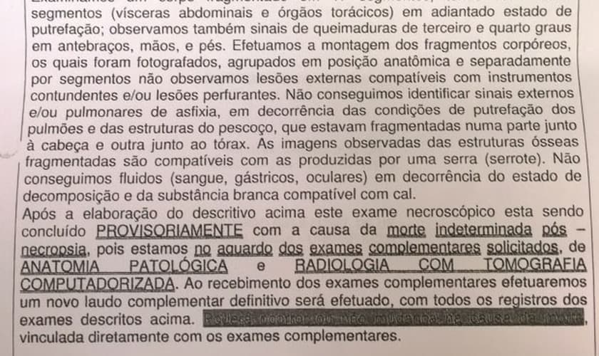 Parte de laudo sobre a morte do zelador Jezi