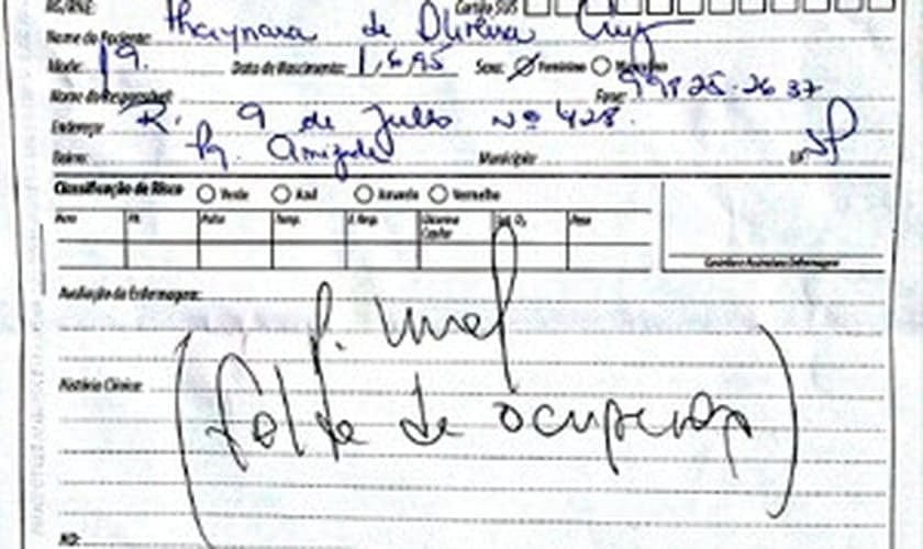 Ficha médica apresentado em unidade de saúde de Sumaré