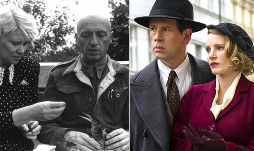 Jan e Antonina Zabinski (à esquerda) e os atores Jessica Chastain e Johan Heldenbergh (à direita). (Foto: AdoroCinema)