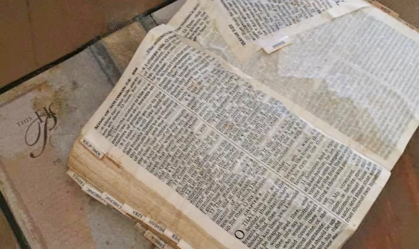 A Bíblia estava indicando o livro de Cânticos 8:7 quando foi encontrada. (Foto: Reprodução)