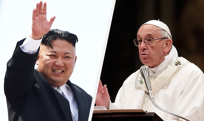 Kim Jong-un (à esquerda) convidou o papa Francisco (direita) a fazer uma visita à Coreia do Norte. (Foto: Reprodução)