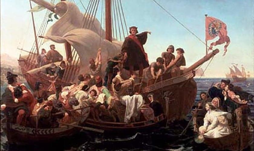Cristóvão Colombo em navegação no Santa Maria em 1492. Pintura de Emanuel Leutze, em 1855.