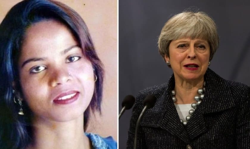 Asia Bibi (esquerda) está sendo ameaçada de morte por extremistas islâmicos, mesmo após sua absolvição. A primeira-ministra Theresa May (direita) disse que a segurança da paquistanesa é a "principal preocupação" do Reino Unido. (Foto: Voice of Europe)