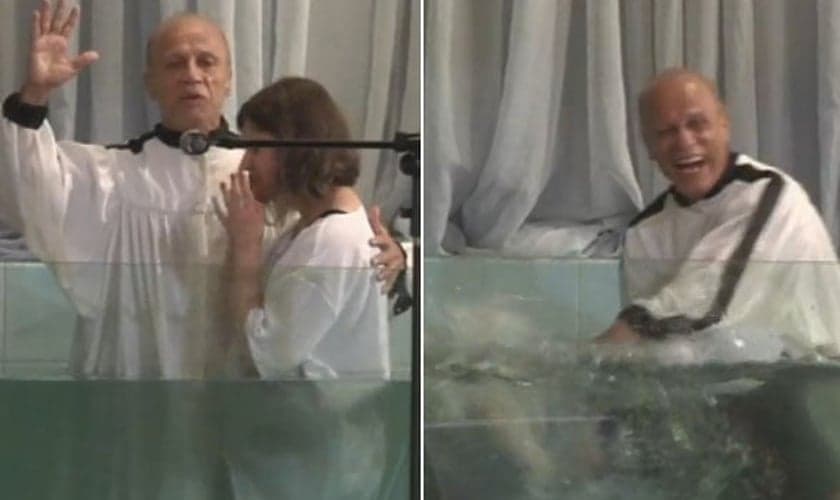 Geovana Palermo mergulhou após ser batizada pelo pastor Aloizio Penido. (Foto: Reprodução/Facebook)