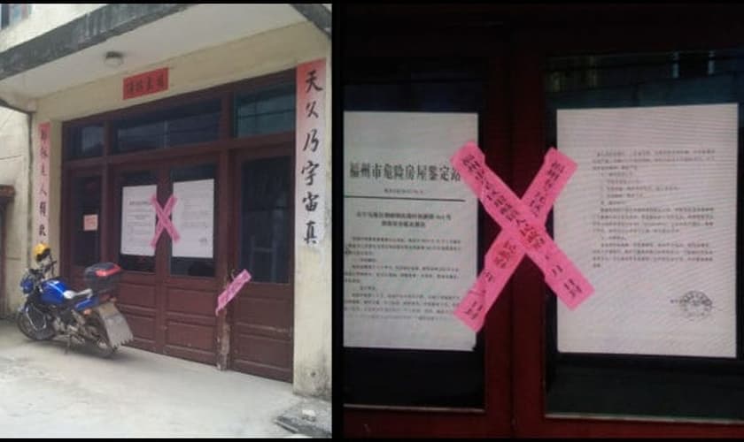 A entrada da igreja com lacre de fechamento colocado pelo regime comunista. (Foto: Reprodução/Bitter Winter)