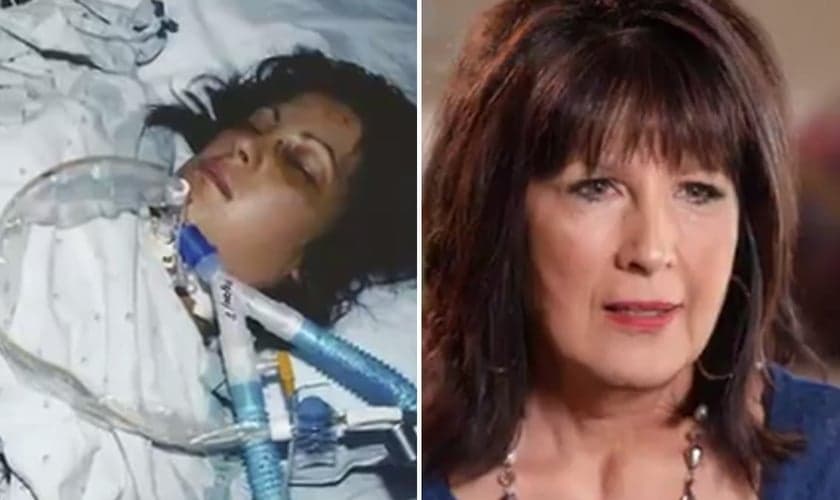 Valerie em coma na UTI na época do acidente e hoje. (Foto: Reprodução/CBN News)