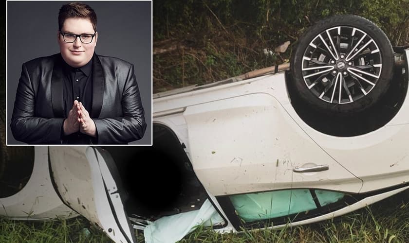 Imagem do carro capotado e Jordan Smith, no destaque. (Foto: Reprodução/Tedfass/Instragram)