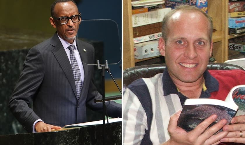 O presidente de Ruanda, Paul Kagame, discursa na 73ª Assembleia da ONU (à direita); o missionário deportado Gregg Schoof. (Foto: Reprodução / Getty Images / Spencer Platt / YouTube)