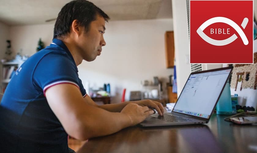 Levi Fan, cofundador do WeDevote; no destaque o logotipo do aplicativo.. (Foto: John Fredricks/Genesis)