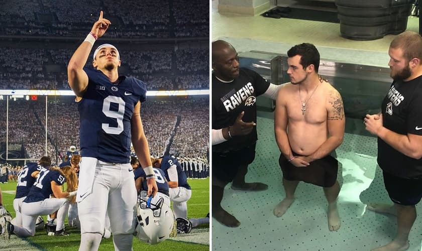 Trace McSorley sendo batizado pelo capelão Johnny Shelton na piscina do time. (Foto: Reprodução/Instagram)