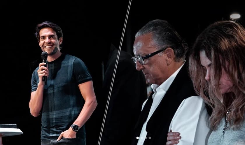 Kaká, durante palestra na Igreja Batista da Lagoinha, e Galvão Bueno, seu convidado. (Foto: Reprodução/ Lagoinha Orlando Church)