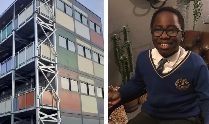 Malachi Justin e o prédio construído com doações iniciadas a partir da oferta do menino de 10 anos. (Foto: Reprodução/Premier)