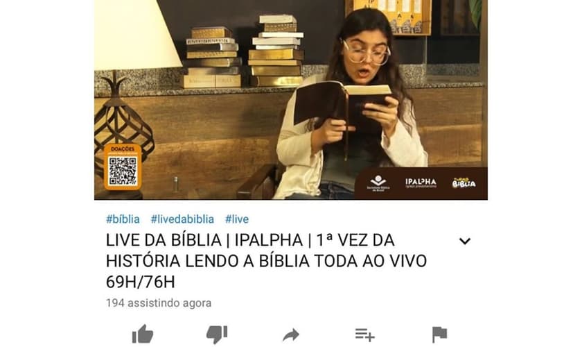 Igreja realizou 77 horas de transmissão da leitura da Bíblia. (Foto: Reprodução/Gospelmente)