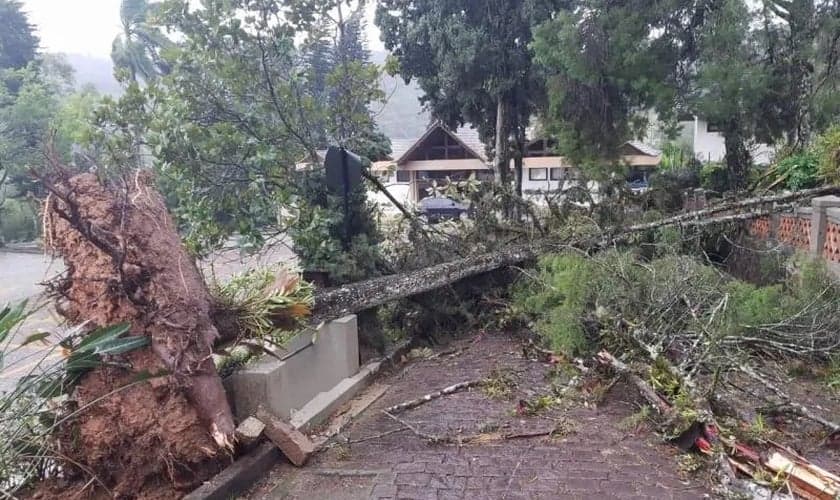 Entrada da Comunidade Luterana do Centro de Blumenau fica destruída pela passagem do ciclone extratropical. (Foto: Reprodução/Milton Jandrey/Facebook)