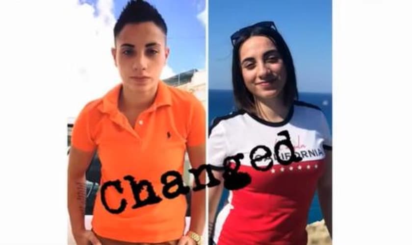 Kylie Delia antes, quando vivia o estilo de vida homossexual e hoje livre da homossexualidade. (Foto: Reprodução / Christian News)