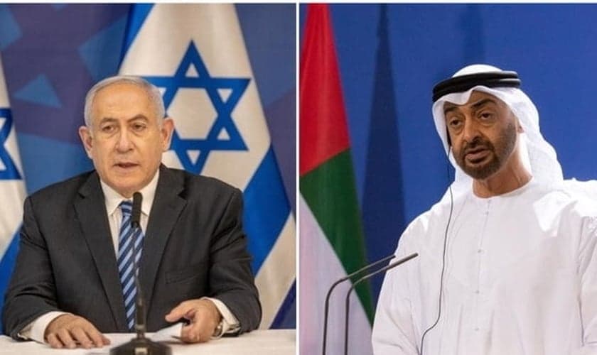 Premiê de Israel, Benjamin Netanyahu, e xeique Mohammed Bin Zayed, dos Emirados Árabes. (Fotos: Reprodução / EFE)