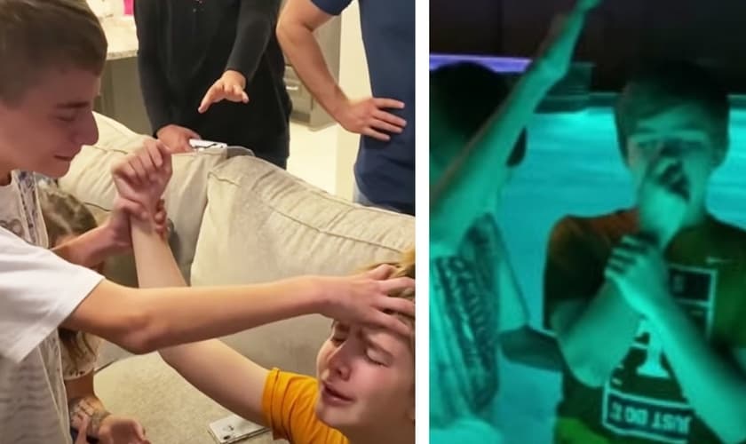 Landon ora e batiza o melhor amigo em culto doméstico. (Foto: Reprodução / GOD TV)