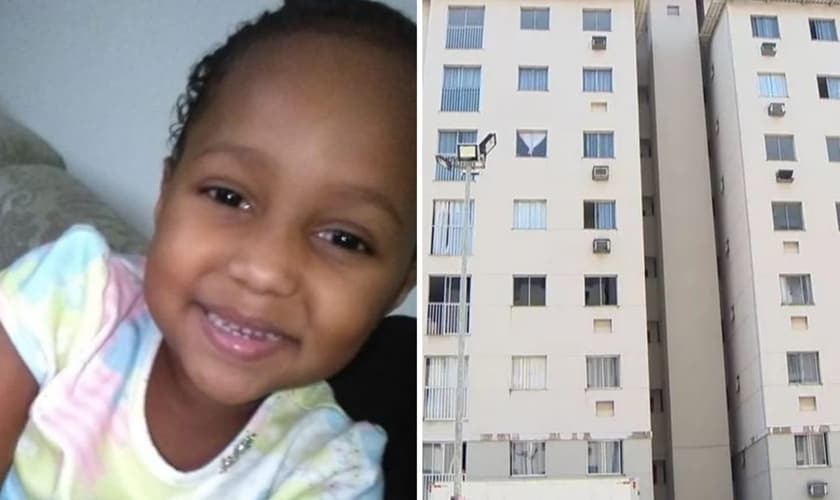 Menina Ana Júlia e a fachada do prédio de onde ela caiu da janela do sexto andar. (Foto: Reprodução / TV Gazeta)