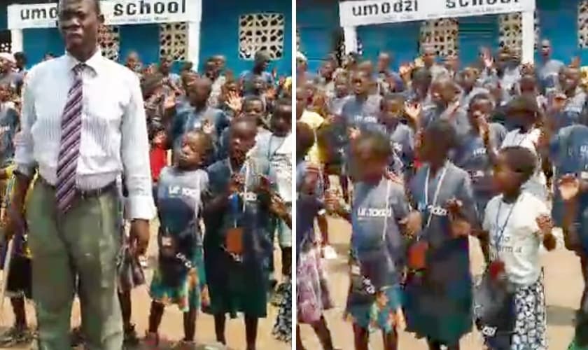 Crianças louvam a Deus durante inauguração de escola em aldeia no Malawi. (Foto: Projeto Umodzi)