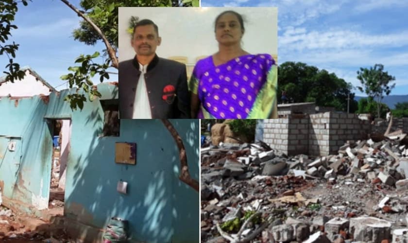 Igreja e casa destruídas por retroescavadeira; no destaque, o Pr. Jayapaul e sua esposa. (Foto: Reprodução / God Reports)