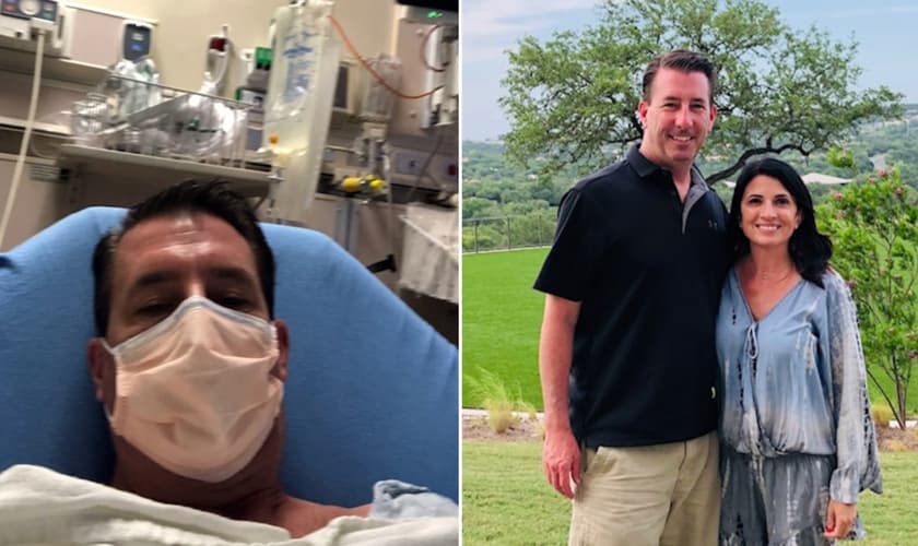 C.J. MacDonald durante sua internação na UTI e hoje recuperado ao lado da esposa. (Foto: Reprodução / BP Press)