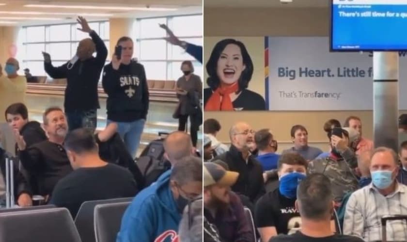 Passageiros cantam “Amazing Grace” enquanto aguardam voo. (Foto: Reprodução / GOD TV)