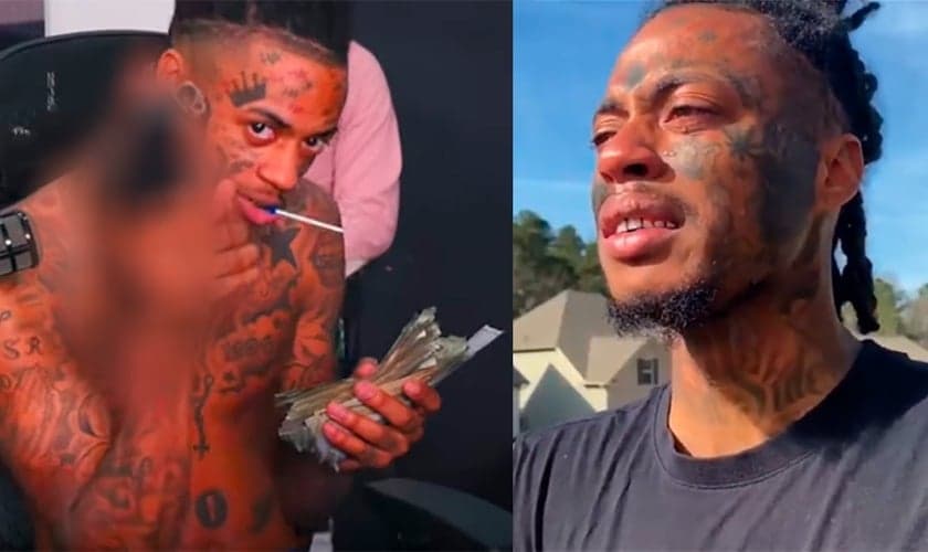 Boonk Gang exibe arma e dinheiro nas redes sociais [à esq.]; o rapper chora compartilhando seu testemunho de conversão [à dir.]. (Foto: Reprodução / Facebook)