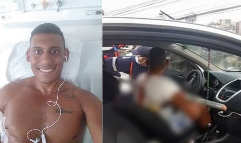 Jeferson Rosendo após a cirurgia e, ao lado, o carro em que sofreu o acidente. (Foto: Reprodução / TV Gazeta)