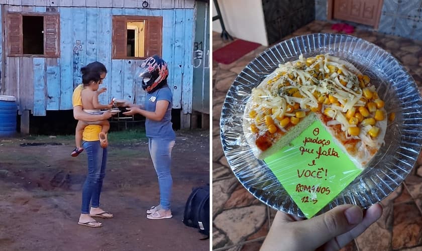 Jovens colocaram mensagem bíblica junto com pizza. (Foto: Maria Eduarda Piason)
