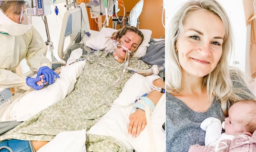 Angela internada e intubada; Ava nos braços da mãe, que sobreviveu à Covid-19. (Foto: Reprodução / Instagram)