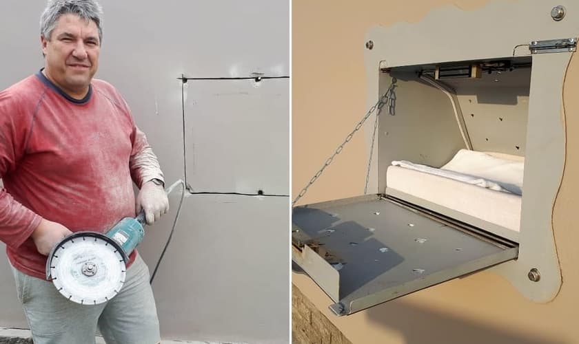 Dick Peters durante a instalação da caixa para receber bebês indesejados. (Foto: Ruach Elohim Foundation/Montagem Guiame)