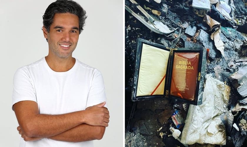 Ator mostrou Bíblia que ficou intacta em incêndio que destruiu sua casa. (Foto: Instagram/Fernando Sampaio|Montagem Guiame)