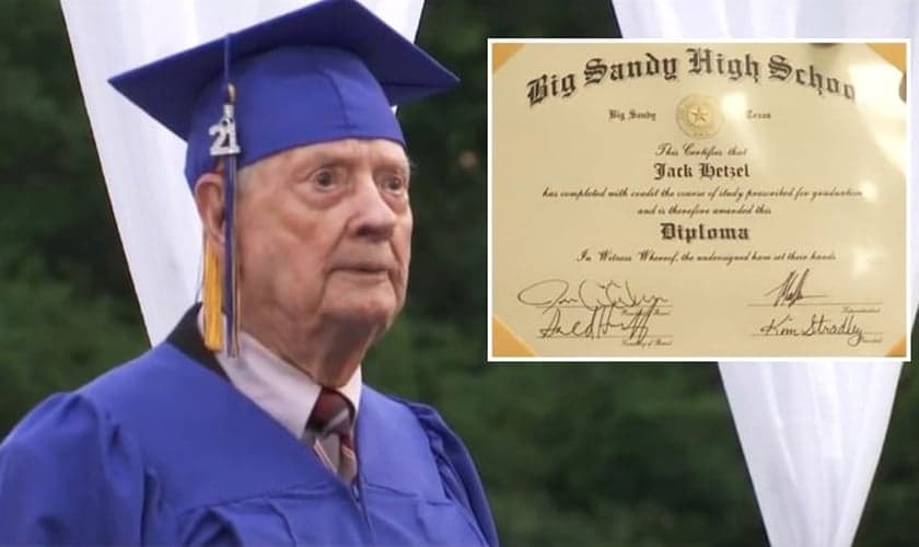 Pastor Jack Hetzel em sua formatura no Texas, EUA. (Foto: KETK/Montagem Guiame)