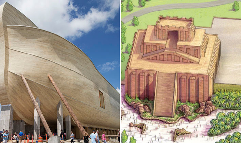 Arca de Noé em tamanho real; conceito da réplica da Torre de Babel. (Foto: Reprodução / Answers in Genesis). 