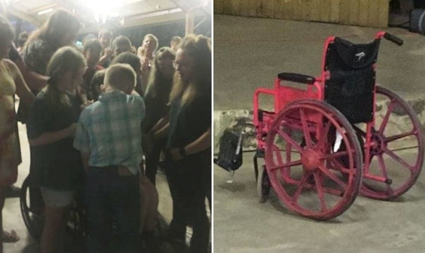 Crianças cercaram a cadeira de rodas e oraram pela cura de Joy. (Foto: AG News)