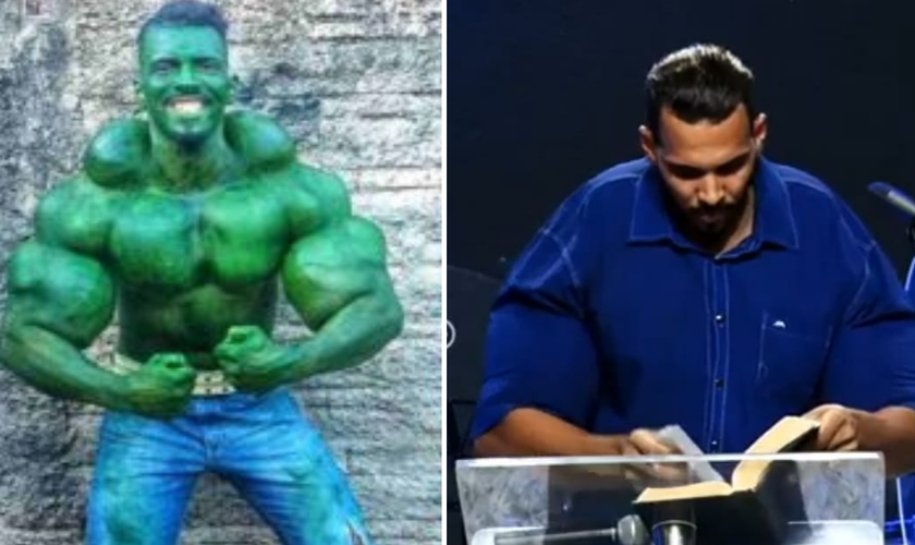 Romário em seu personagem “Hulk”, e hoje testemunhando a transformação em Cristo. (Foto: Reprodução / Arquivo pessoal)