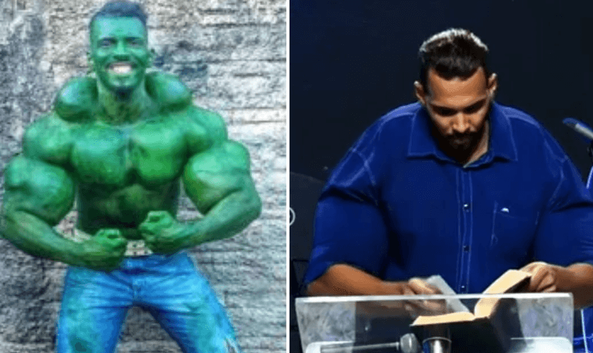 Romário em seu personagem “Hulk”, e hoje testemunhando a transformação em Cristo. (Foto: Reprodução / Arquivo pessoal)