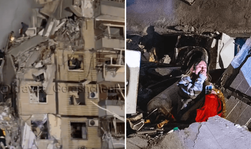 Anastasia Shvets e o prédio destruído por míssil. (Captura de tela/Twitter/Anton Gerashchenko)