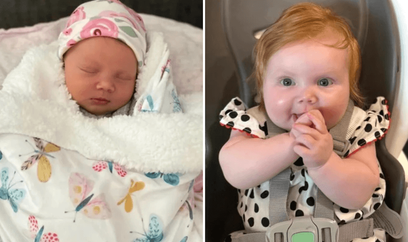 Zoey quando foi encontrada em uma caixa de bebê Safe Haven, e hoje; ela descoberta e adotada por bombeiro da Flórida. (Foto: Arquivo pessoal)