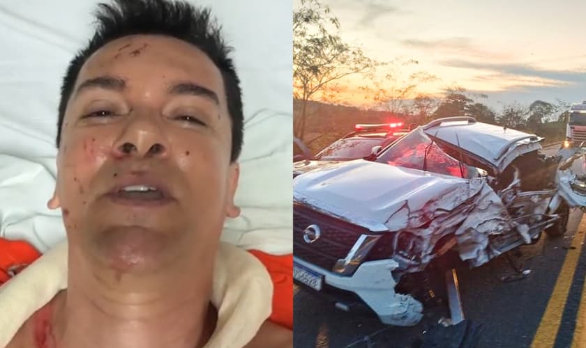 Cantor Regis Danese após ser resgatado do acidente; carro ficou totalmente destruído. (Captura de tela/Instagram Regis Danese)