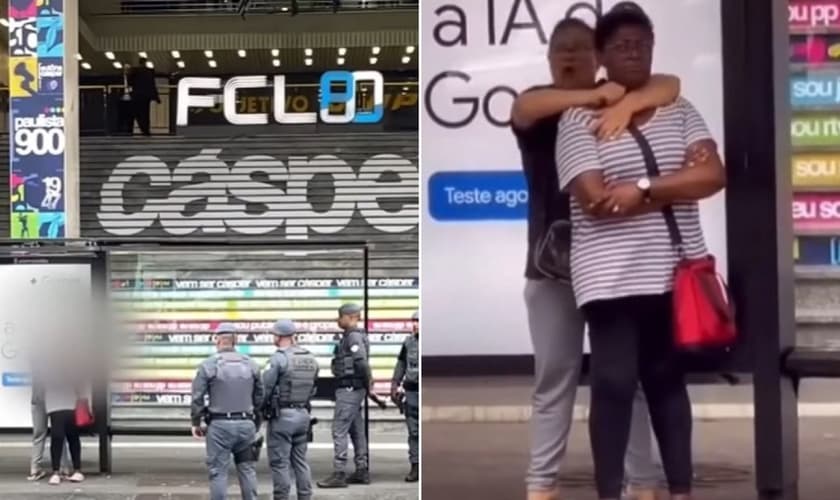 Sandra e a agressora no local do crime. (Foto: Reprodução/YouTube/CNN Brasil)
