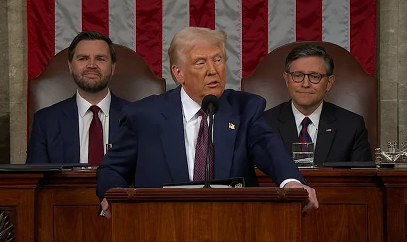 Donald Trump durante discurso sobre o Estado da União, no domingo, 04 de março de 2025. (Captura de tela/YouTube/FOX 5 Nova York)