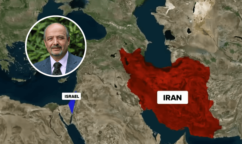 O pastor Lazarus Yeghnaza, no destaque; mapa regional do Oriente Médio: Israel e Irã. (Captura de tela/YouTube/Erick Stakelbeck on TBN)