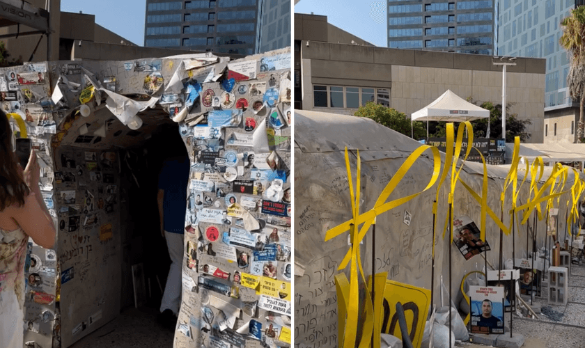Réplica de um túnel de Gaza instalada na Praça dos Reféns. (Captura de tela/Instagram/ ap.isaqueoficial)