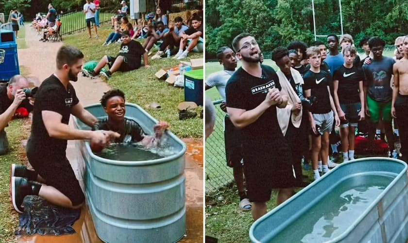O pastor Mark batizando os atletas. (Foto: Reprodução/Instagram/Mark Page)