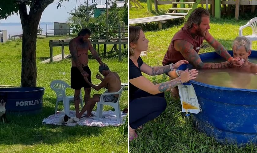 Max batizando o idoso. (Foto: Reprodução/Instagram/Max Dacampo)