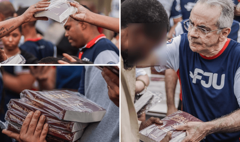 Voluntários distribuem Bíblias e oram pelos moradores da Vila Cruzeiro. (Foto: Universal.org)