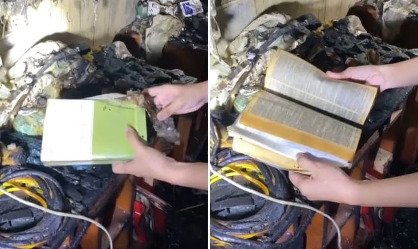 A Bíblia em meio aos escombros. (Foto: Reprodução/Fox News)